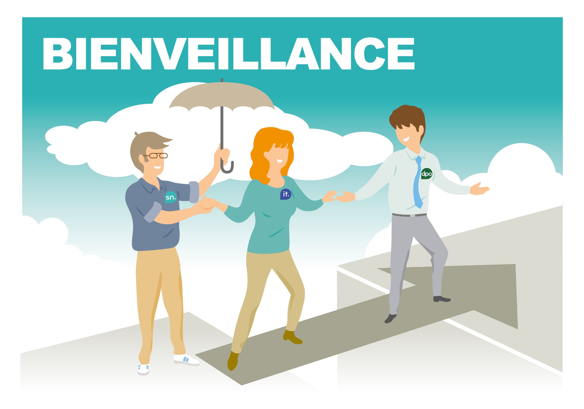 Collaborateurs EXTERN illustrant la bienveillance — se soutenir mutuellement