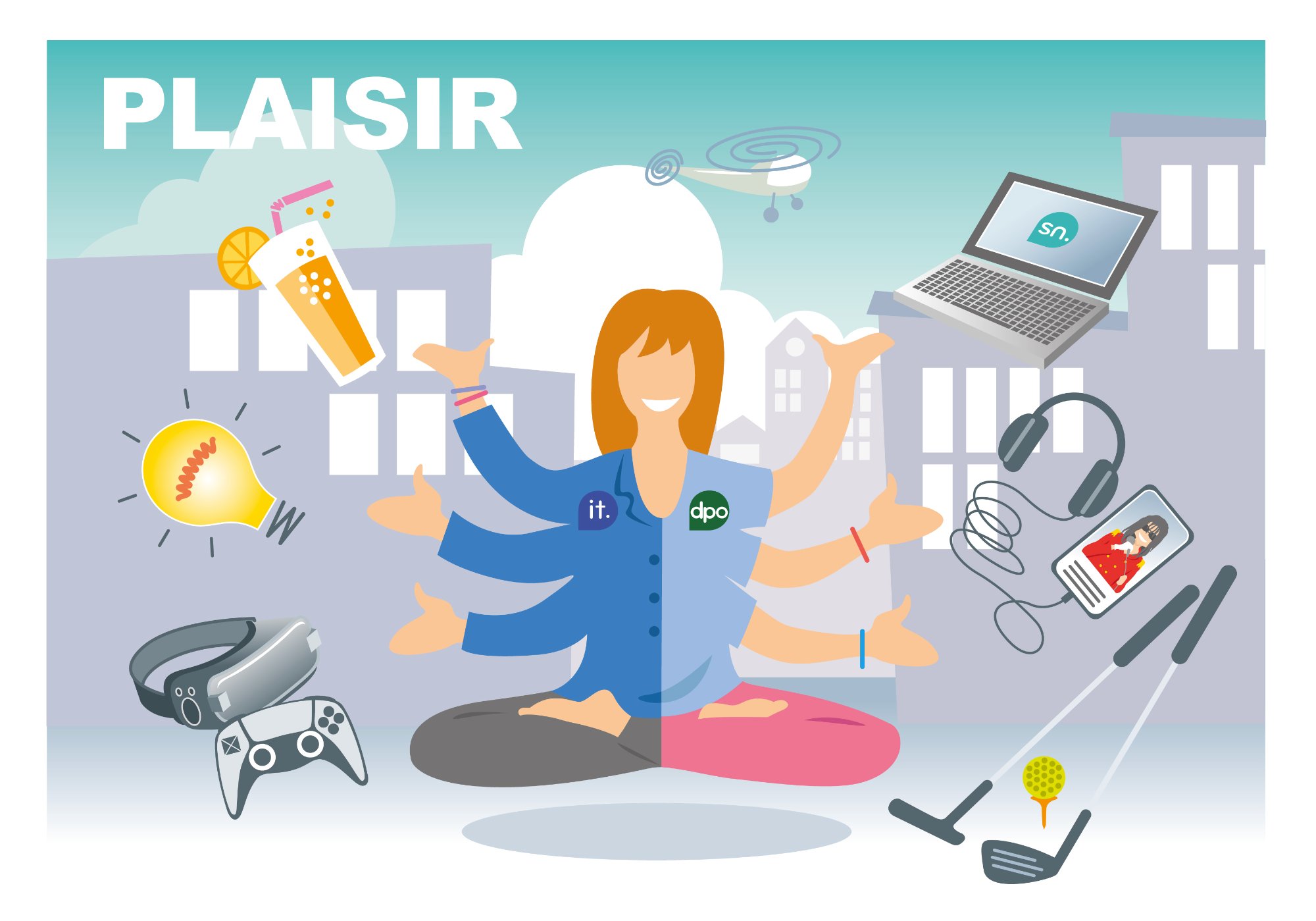 Collaboratrice EXTERN illustrant le plaisir au travail — multitâche et souriante